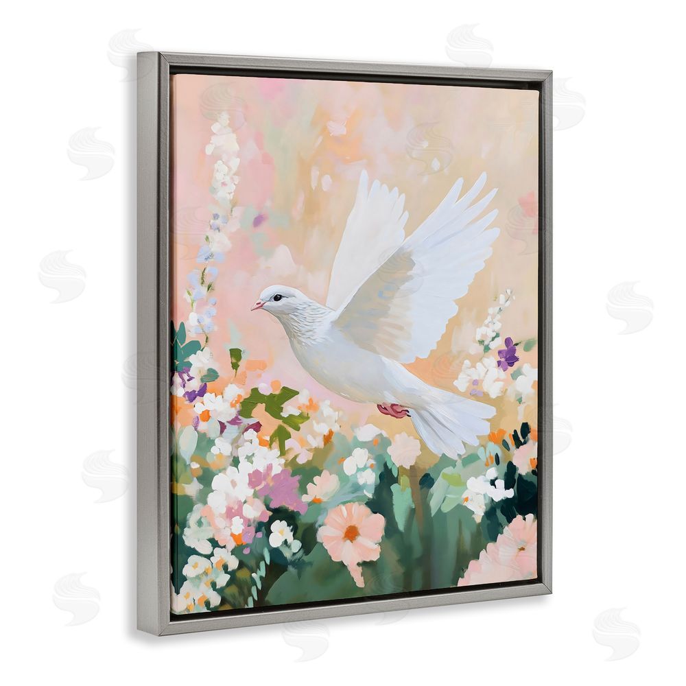 The Prints Vibe White Dove Among Spring Blooms Gray Floating Framed Canvas Wall Art Print