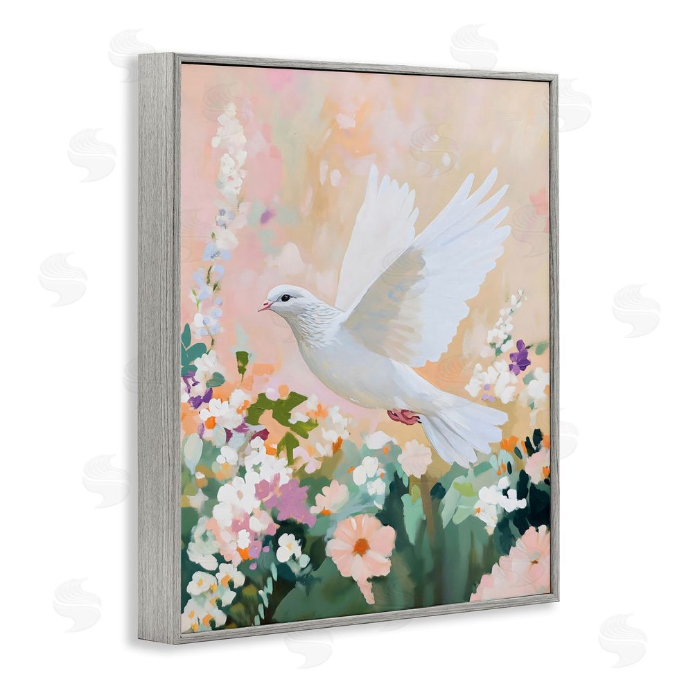 The Prints Vibe White Dove Among Spring Blooms Gray Framed Giclee Wall Art Print