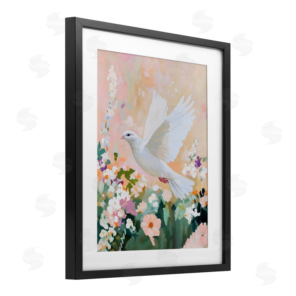 The Prints Vibe White Dove Among Spring Blooms Black Framed Print Under Glass with White Mat Wall Art