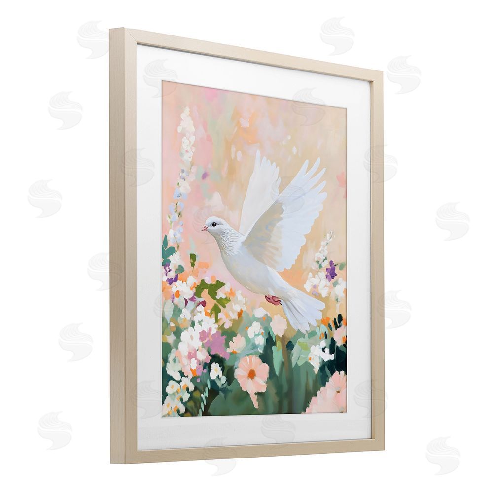The Prints Vibe White Dove Among Spring Blooms Brown Framed Print Under Glass with White Mat Wall Art