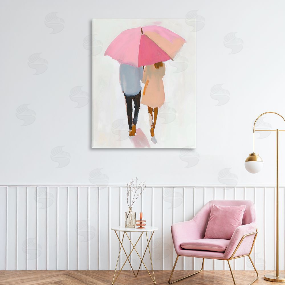 The Prints Vibe Couple Stroll Under Umbrella Stretched Canvas Wall Art in Room