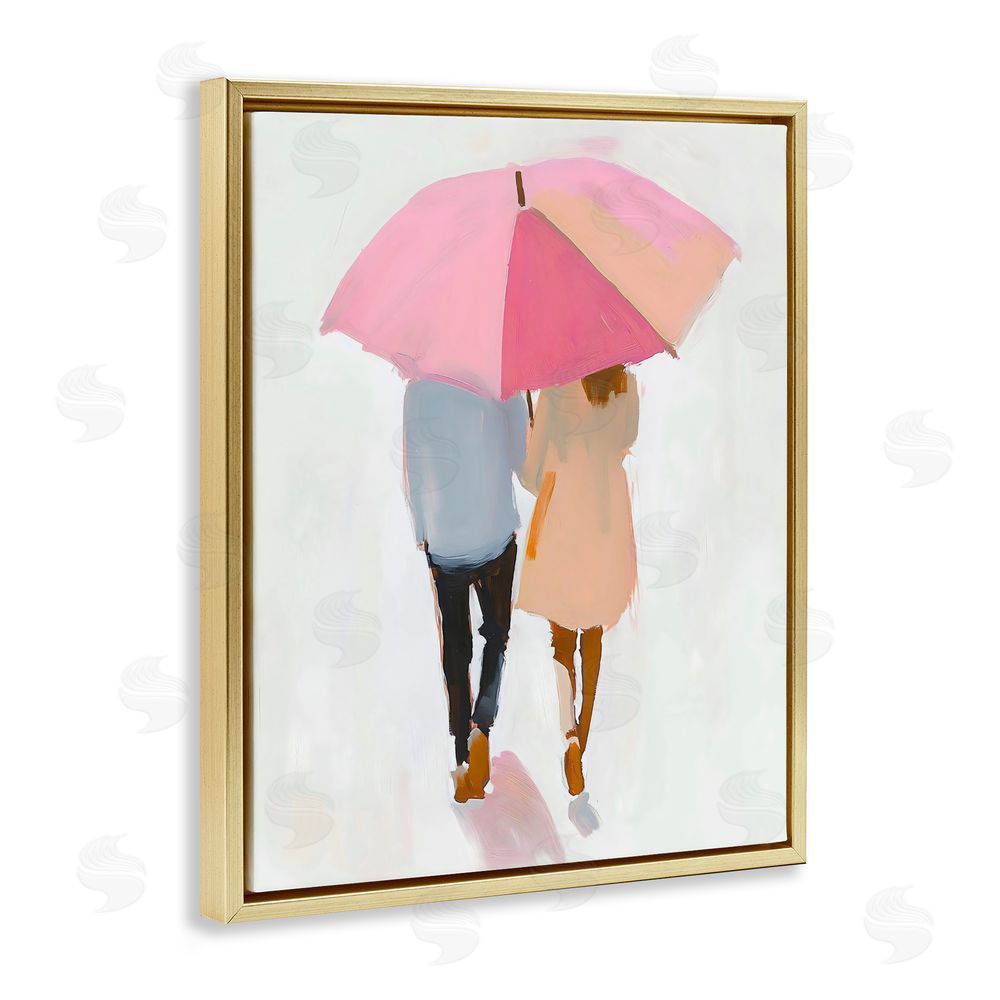 The Prints Vibe Couple Stroll Under Umbrella Gold Floating Frame Canvas Wall Art Print