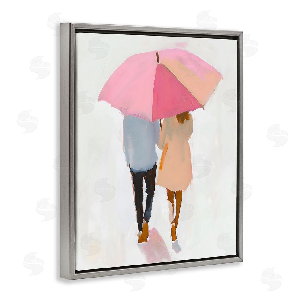 The Prints Vibe Couple Stroll Under Umbrella Gray Floating Frame Canvas Wall Art Print