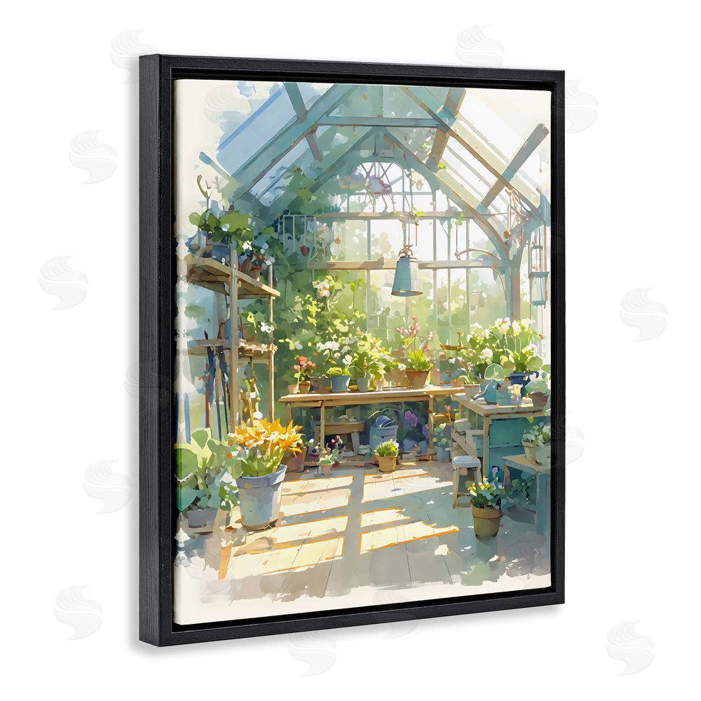 Creative Studio Sunlit Greenhouse Plant Sanctuary Black Floating Framed Canvas Wall Art Print