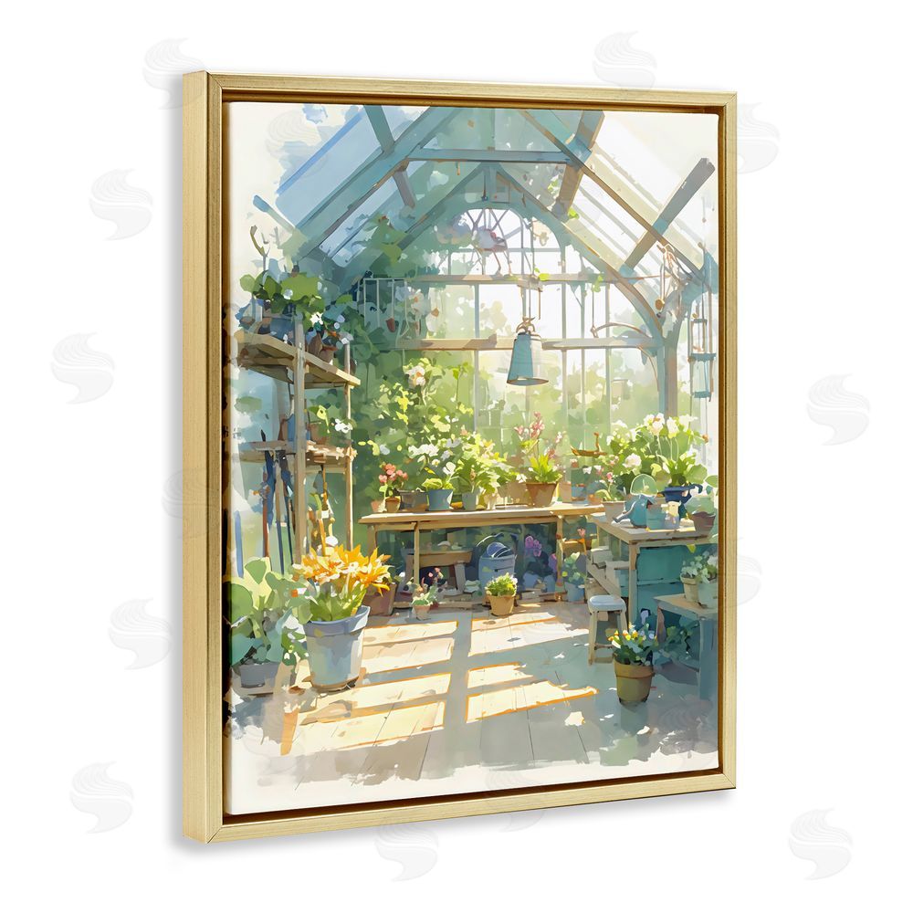 Creative Studio Sunlit Greenhouse Plant Sanctuary Gold Floating Framed Canvas Wall Art Print