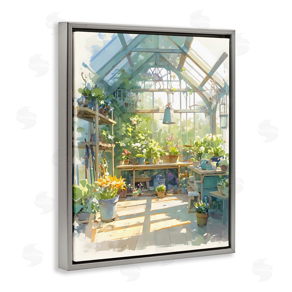 Creative Studio Sunlit Greenhouse Plant Sanctuary Gray Floating Framed Canvas Wall Art Print