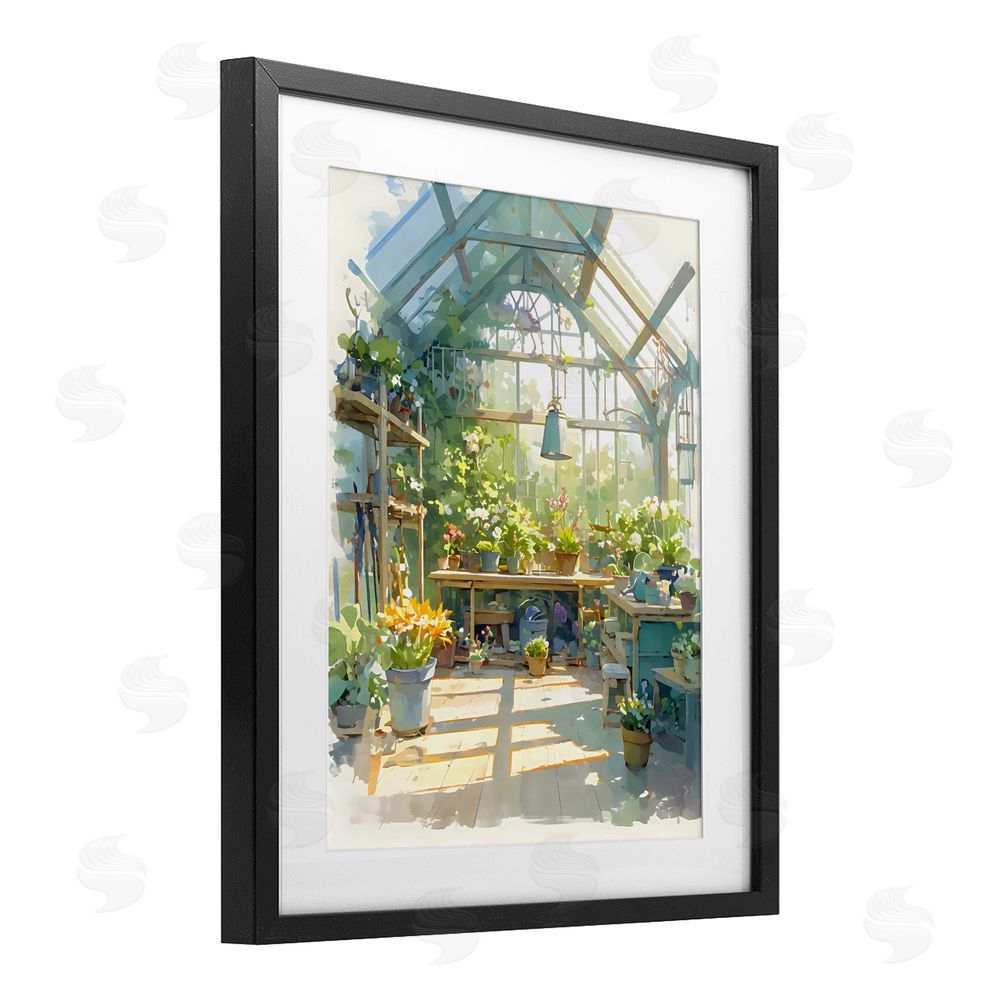 Creative Studio Sunlit Greenhouse Plant Sanctuary Black Framed Print Under Glass with White Mat Wall Art