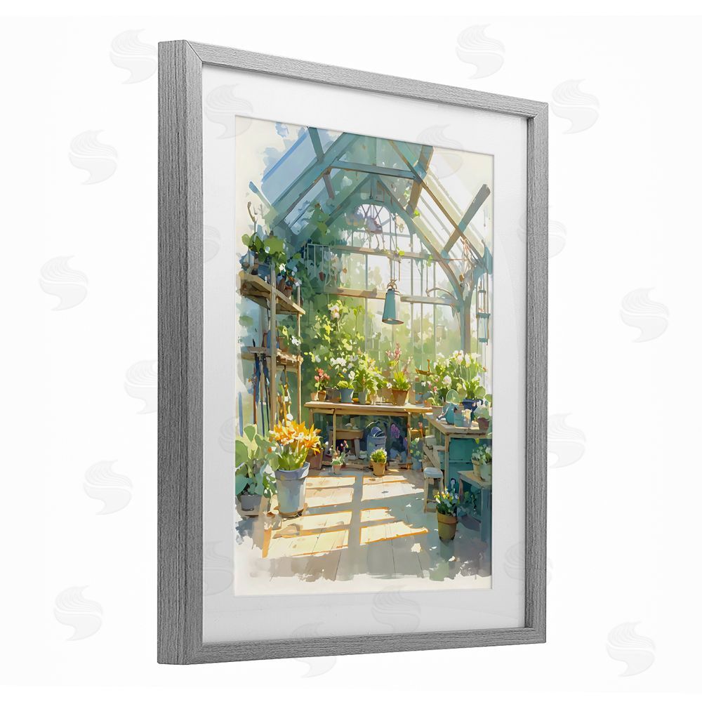Creative Studio Sunlit Greenhouse Plant Sanctuary Gray Framed Print Under Glass with White Mat Wall Art