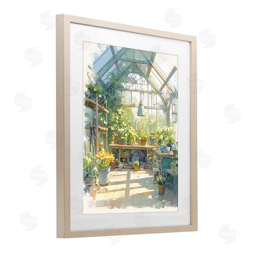 Creative Studio Sunlit Greenhouse Plant Sanctuary Brown Framed Print Under Glass with White Mat Wall Art