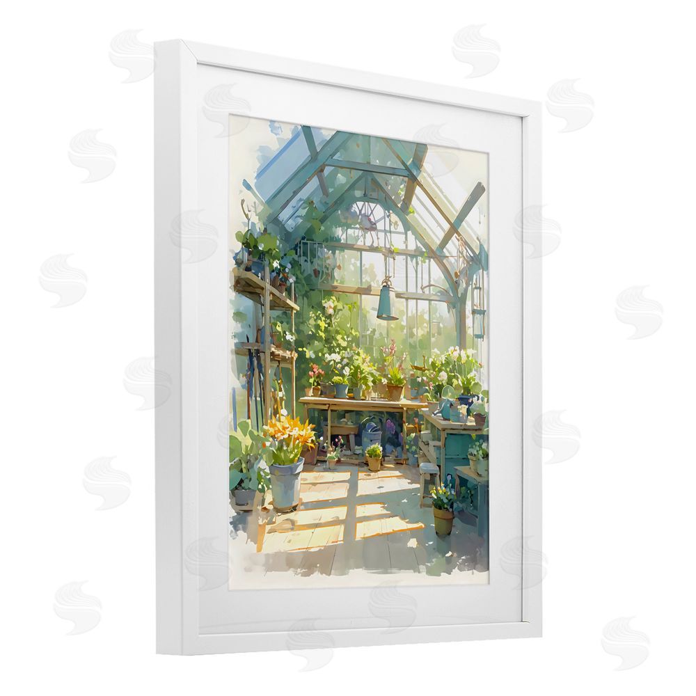 Creative Studio Sunlit Greenhouse Plant Sanctuary White Framed Print Under Glass with White Mat Wall Art