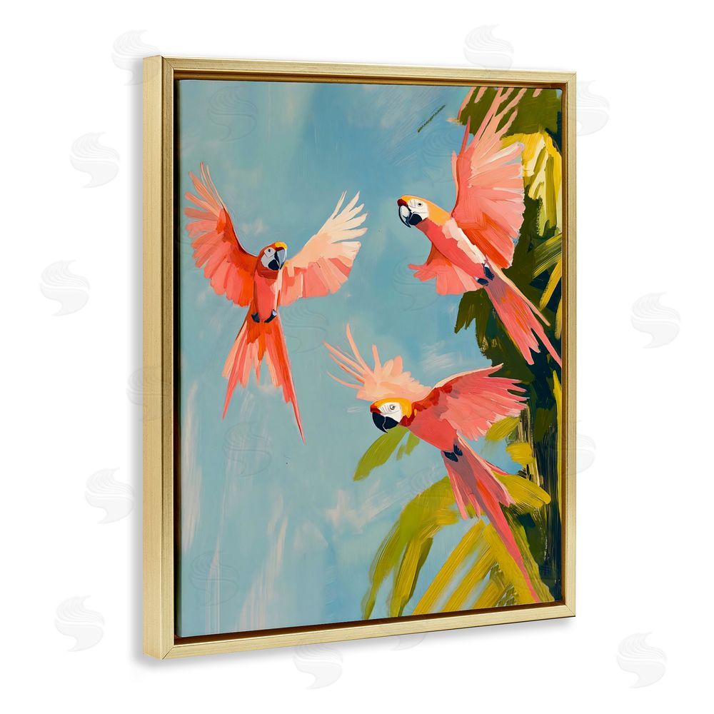 The Prints Vibe Botanical Parrots in Flight Gold Floating Frame Stretched Canvas Wall Art Print