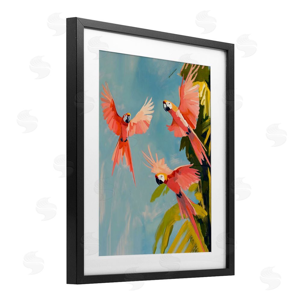 The Prints Vibe Botanical Parrots in Flight Black Framed Print Under Glass with Matting Wall Art