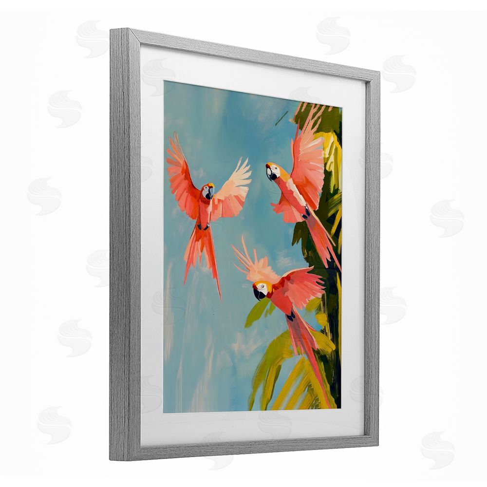 The Prints Vibe Botanical Parrots in Flight Gray Framed Print Under Glass with Matting Wall Art