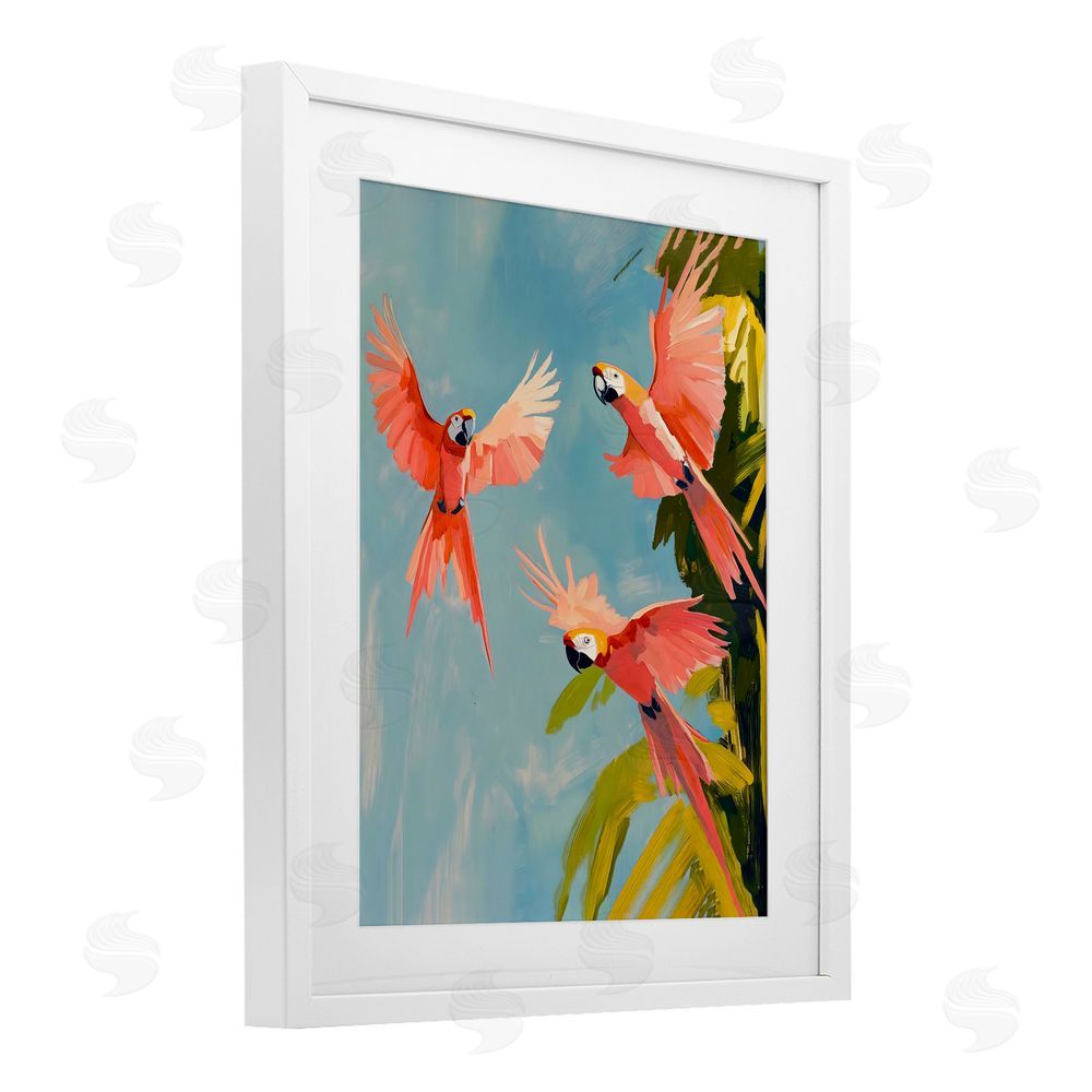 The Prints Vibe Botanical Parrots in Flight White Framed Print Under Glass with Matting Wall Art
