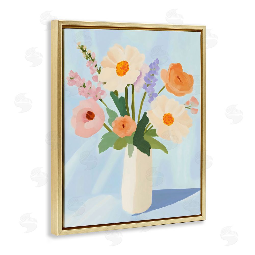 The Prints Vibe Floral Bouquet in Sleek White Vase Gold Floating Framed Canvas Wall Art