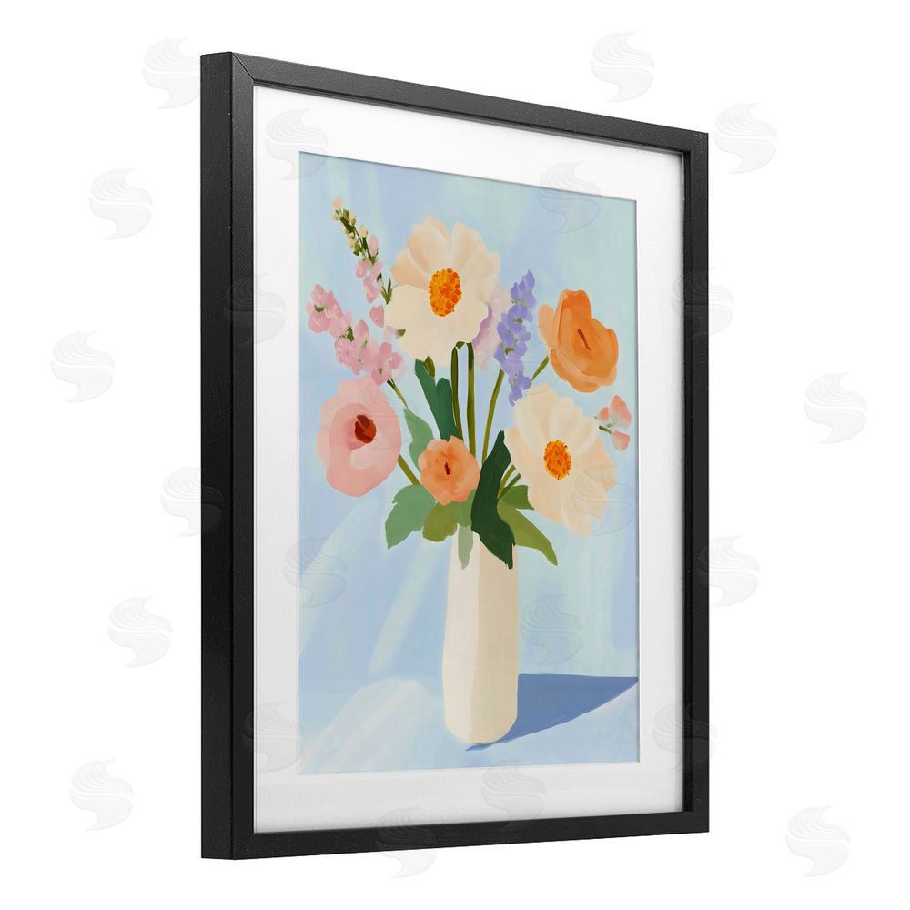 The Prints Vibe Floral Bouquet in Sleek White Vase Black Framed Print Under Glass Wall Art