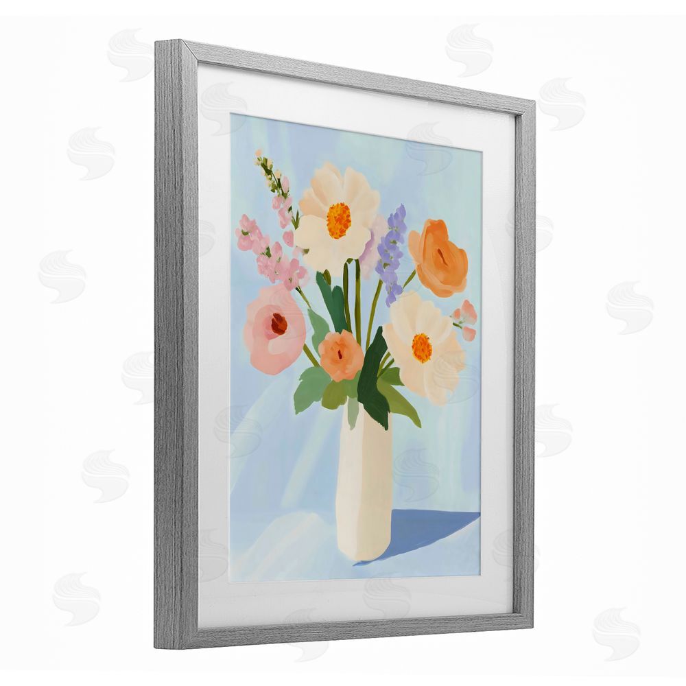 The Prints Vibe Floral Bouquet in Sleek White Vase Gray Framed Print Under Glass Wall Art