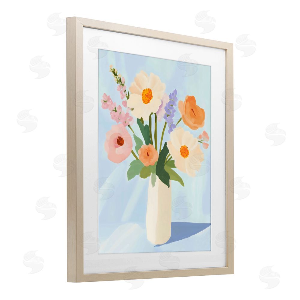 The Prints Vibe Floral Bouquet in Sleek White Vase Brown Framed Print Under Glass Wall Art