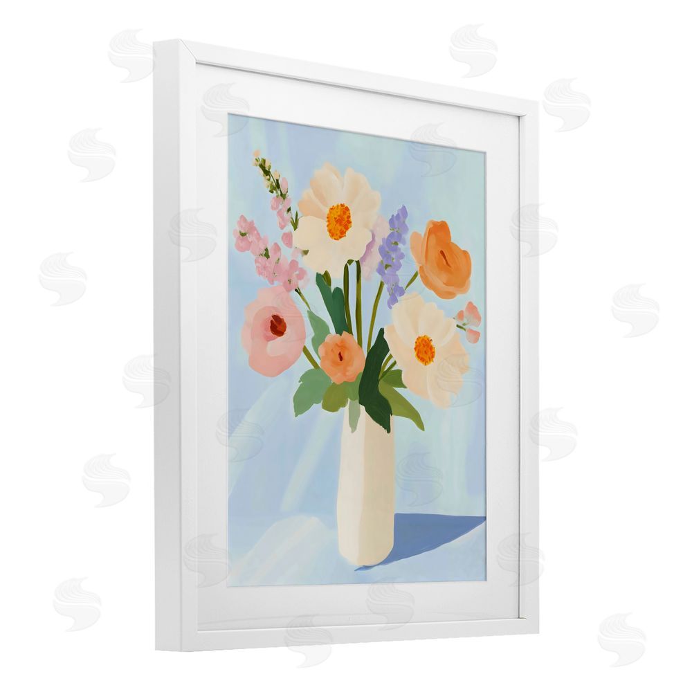 The Prints Vibe Floral Bouquet in Sleek White Vase White Framed Print Under Glass Wall Art
