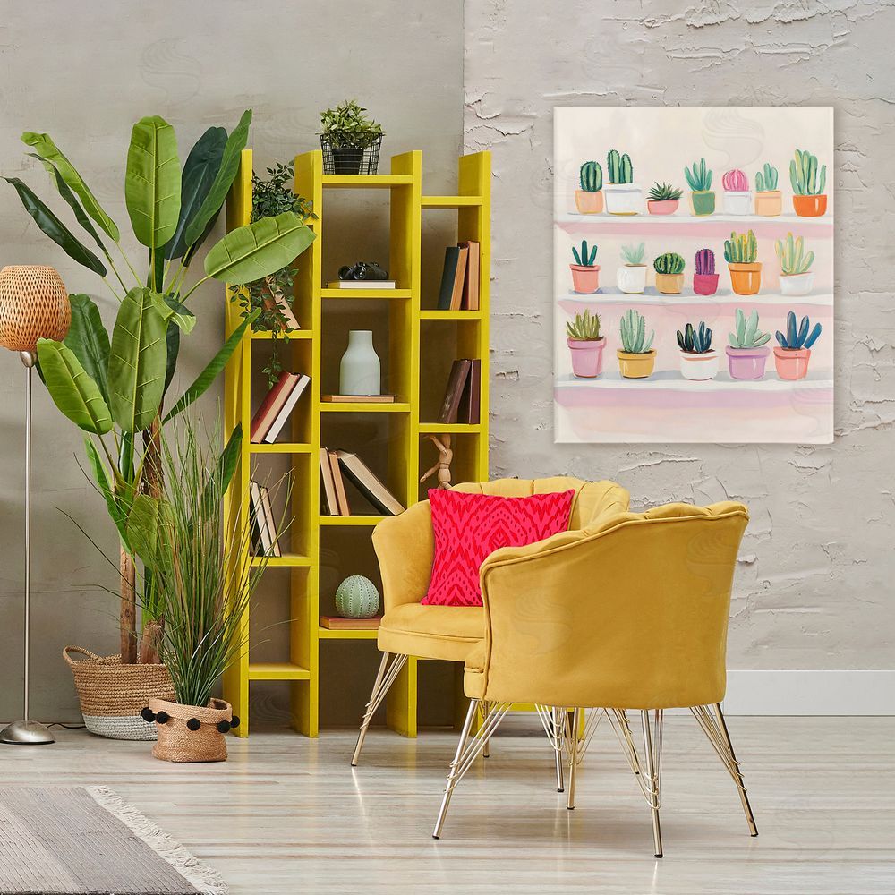 The Prints Vibe Cactus Shelf Arrangement Stretched Canvas Wall Art Print in Room