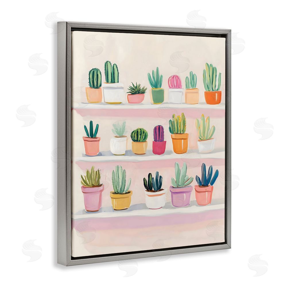 The Prints Vibe Cactus Shelf Arrangement Gray Floating Frame Stretched Canvas Wall Art Print