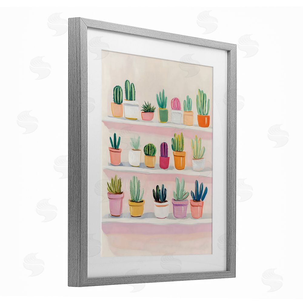 The Prints Vibe Cactus Shelf Arrangement Gray Framed Print Under Glass with Matting Wall Art