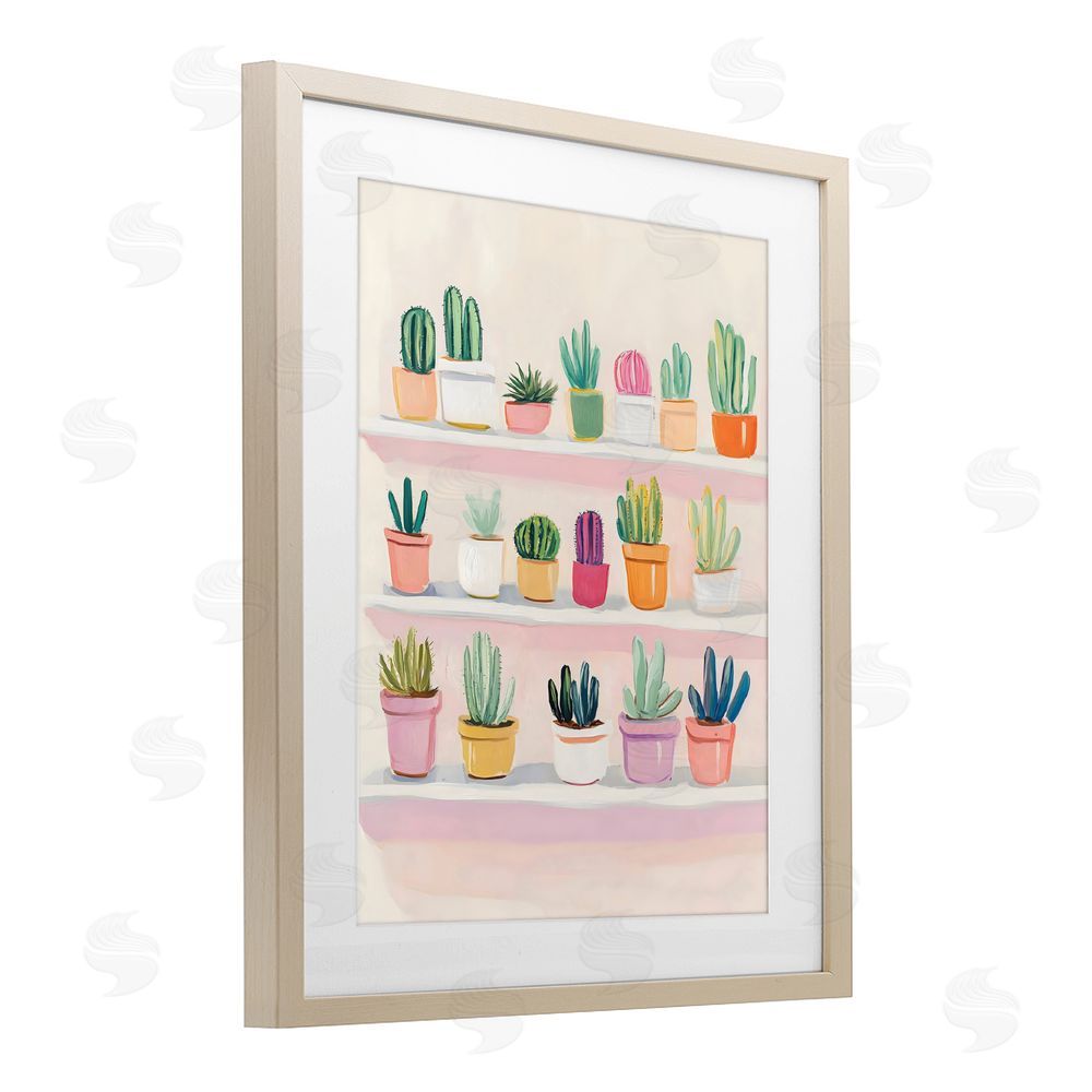The Prints Vibe Cactus Shelf Arrangement Brown Framed Print Under Glass with Matting Wall Art