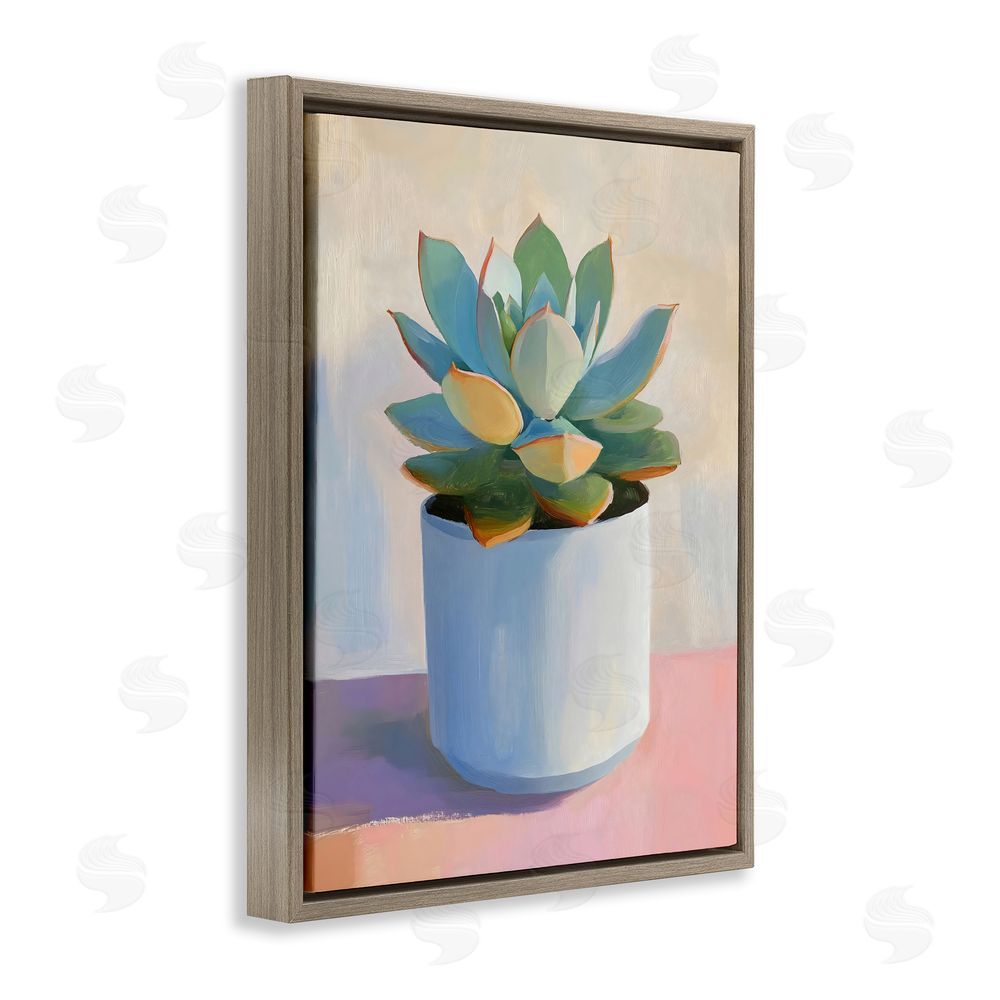 The Prints Vibe Succulent Plant in White Pot Brown Floating Framed Canvas Wall Art Print