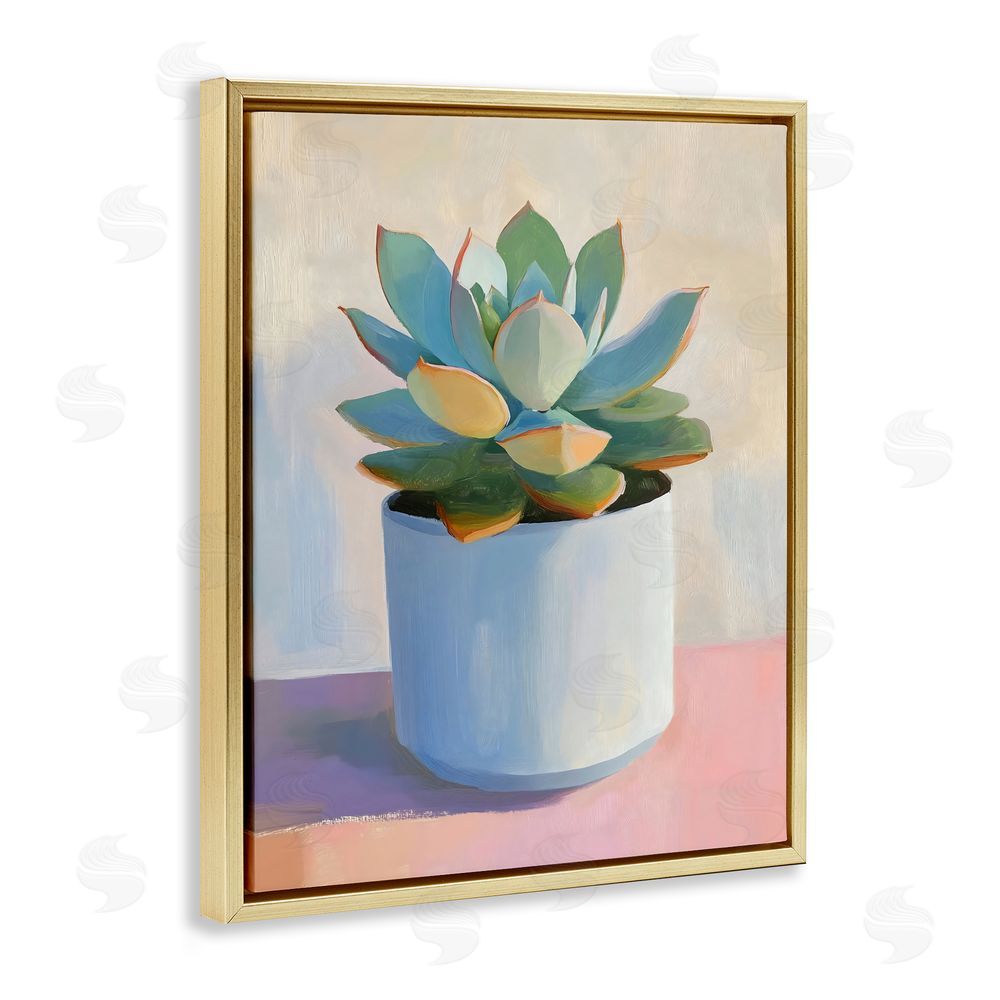 The Prints Vibe Succulent Plant in White Pot Gold Floating Framed Canvas Wall Art Print