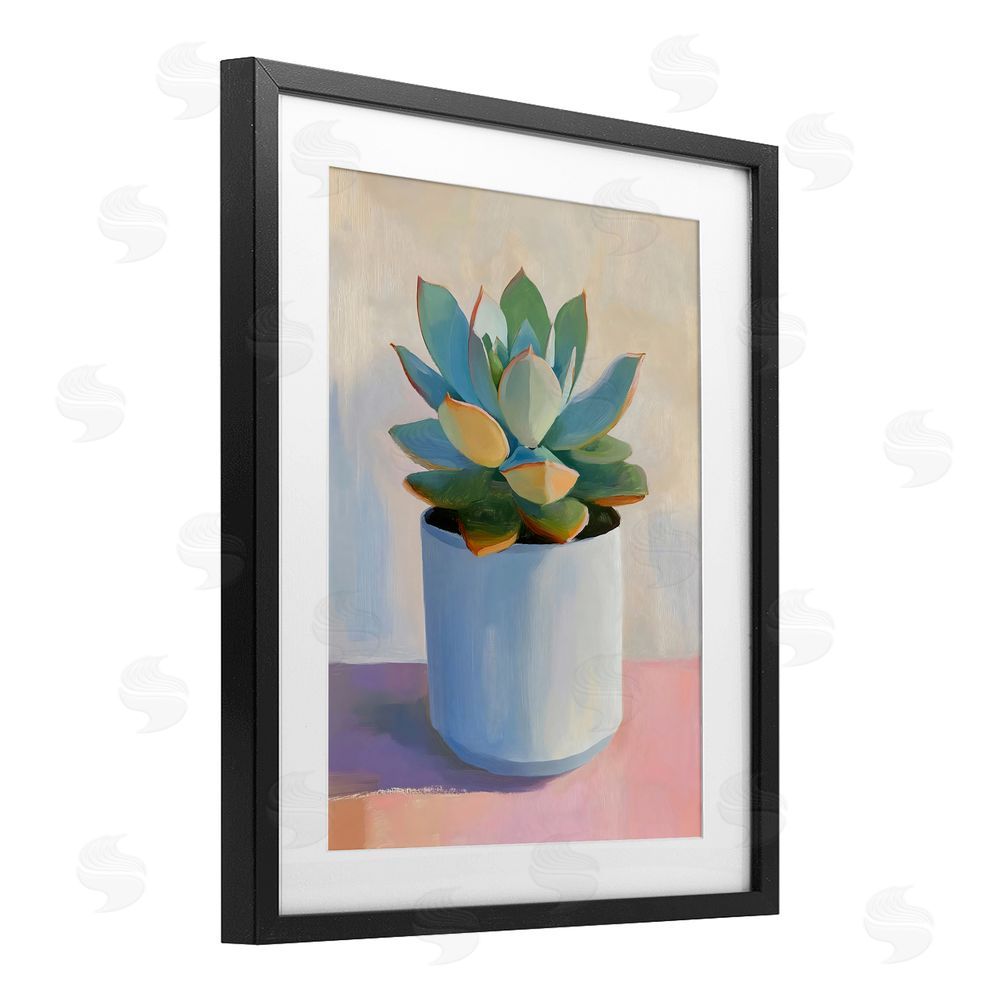 The Prints Vibe Succulent Plant in White Pot Black Framed Print Under Glass with White Mat Wall Art