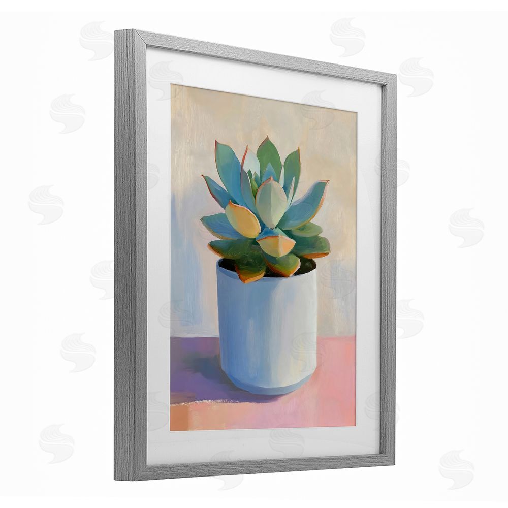 The Prints Vibe Succulent Plant in White Pot Gray Framed Print Under Glass with White Mat Wall Art