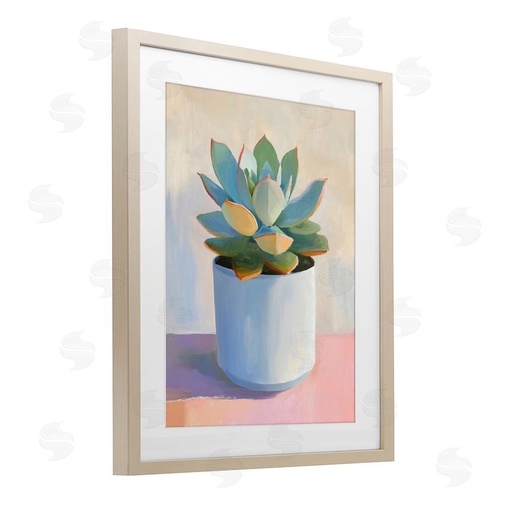 The Prints Vibe Succulent Plant in White Pot Brown Framed Print Under Glass with White Mat Wall Art