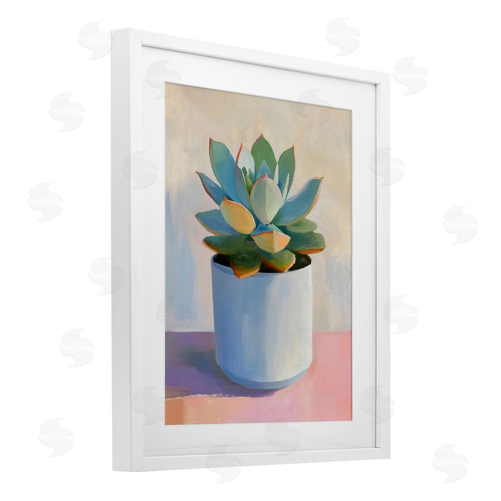 The Prints Vibe Succulent Plant in White Pot White Framed Print Under Glass with White Mat Wall Art