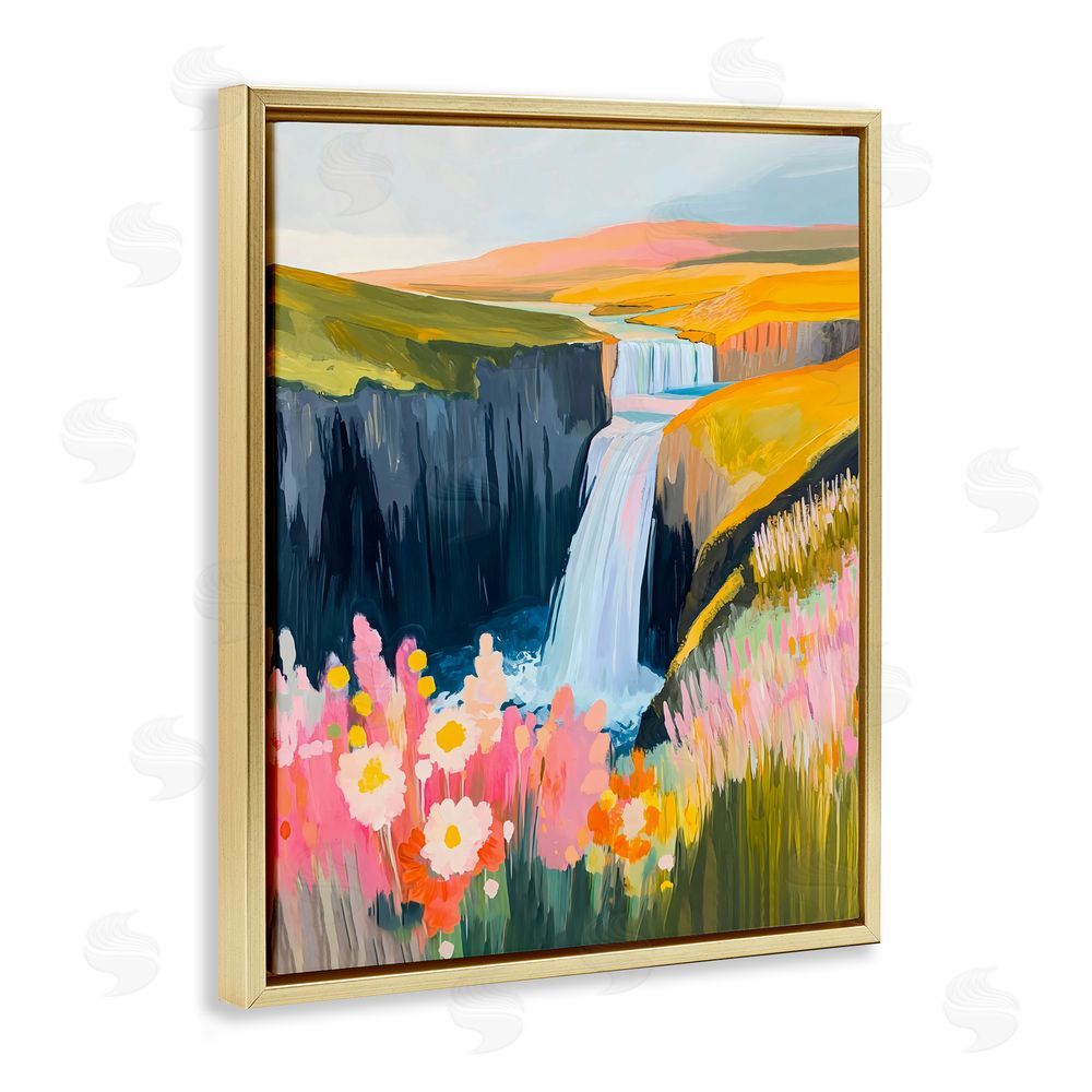 The Prints Vibe Colorful Waterfall in Valley Gold Floating Frame Canvas Wall Art Print