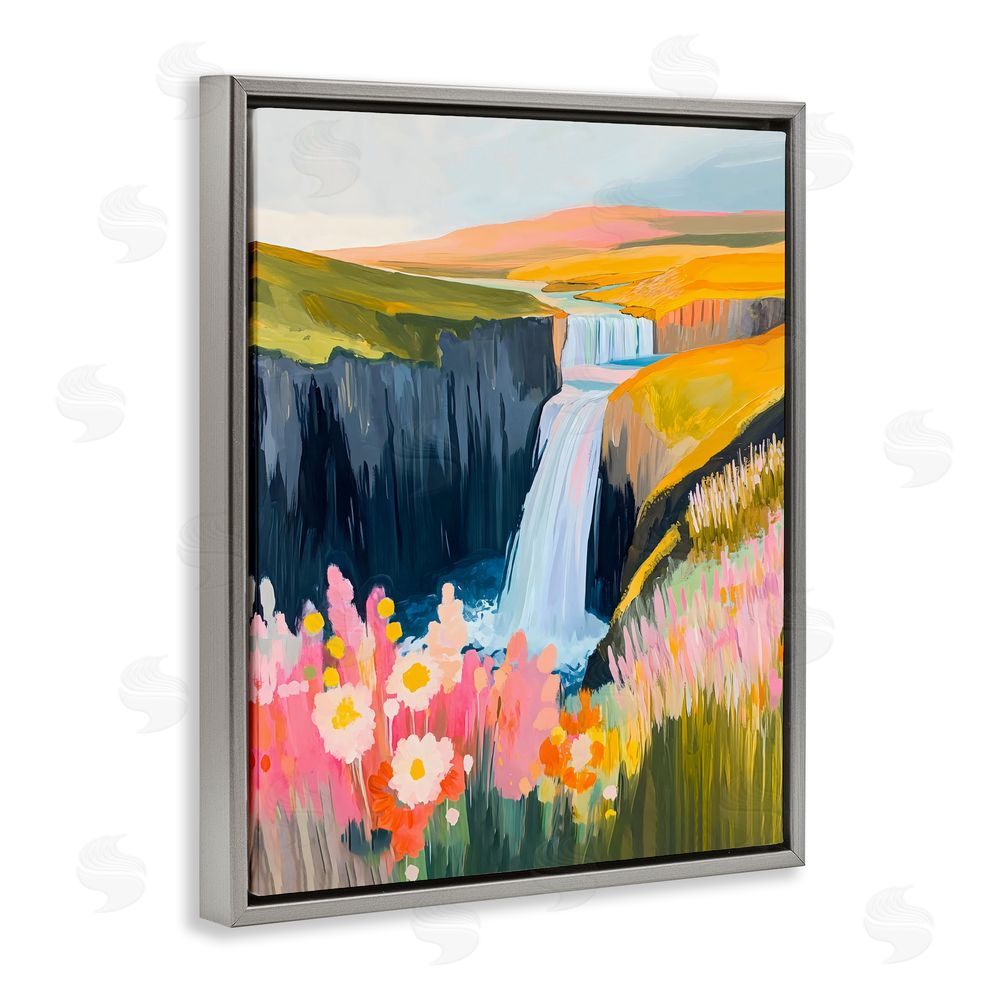 The Prints Vibe Colorful Waterfall in Valley Gray Floating Frame Canvas Wall Art Print
