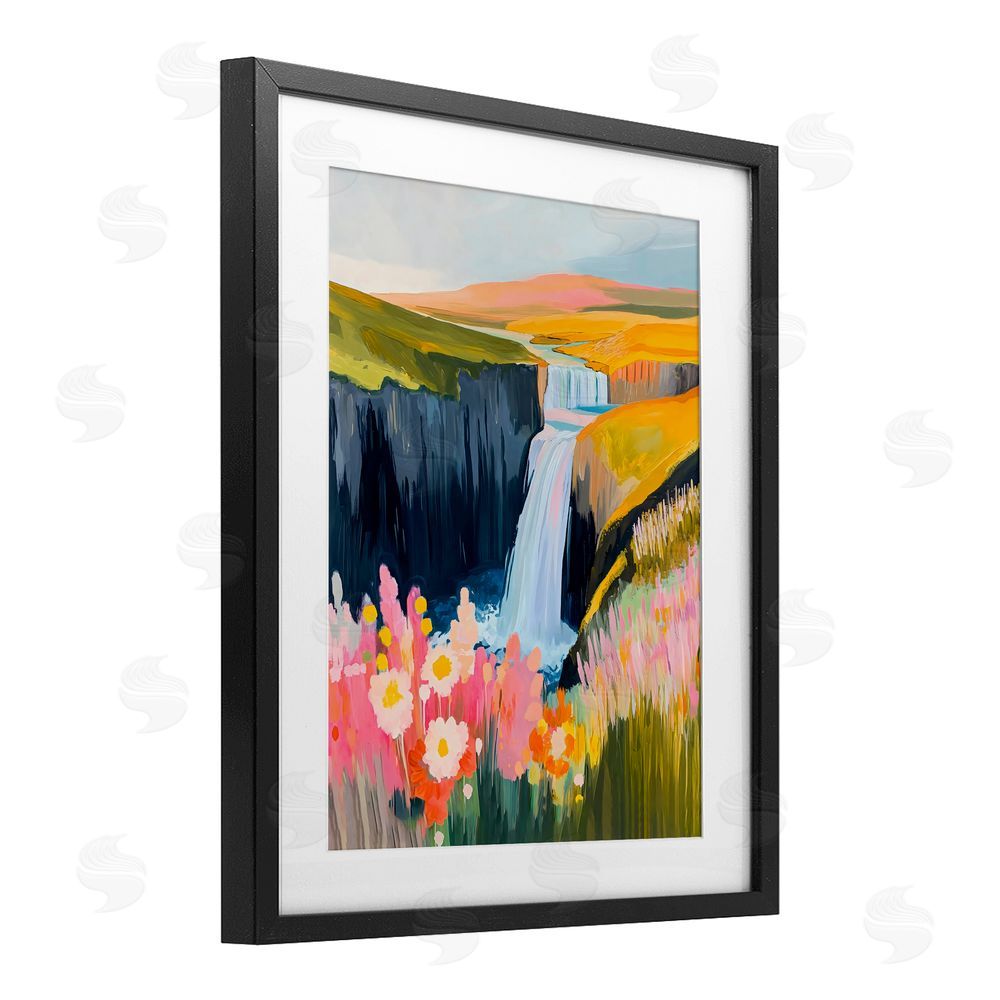 The Prints Vibe Colorful Waterfall in Valley Black Framed Print Under Glass Wall Art