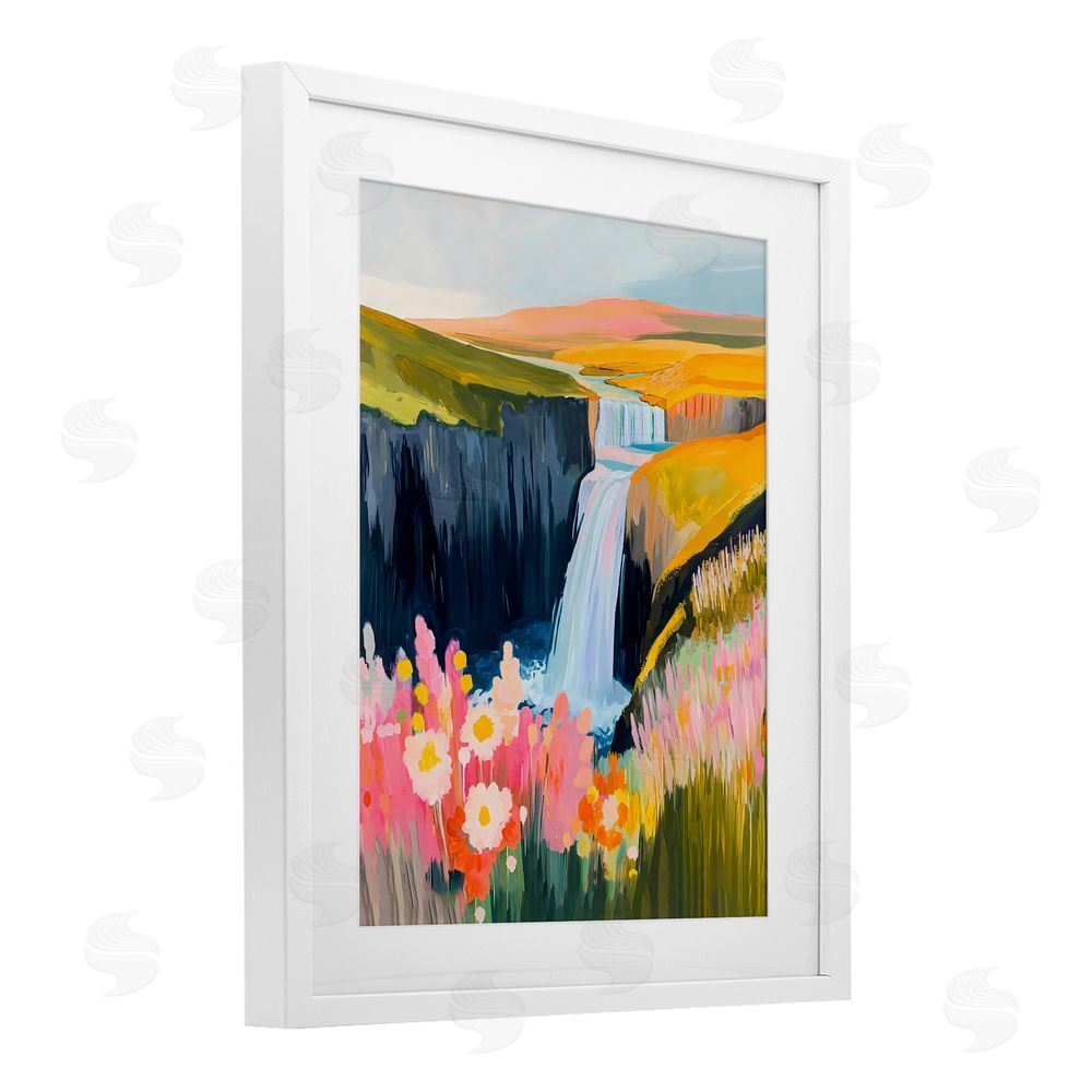 The Prints Vibe Colorful Waterfall in Valley White Framed Print Under Glass Wall Art