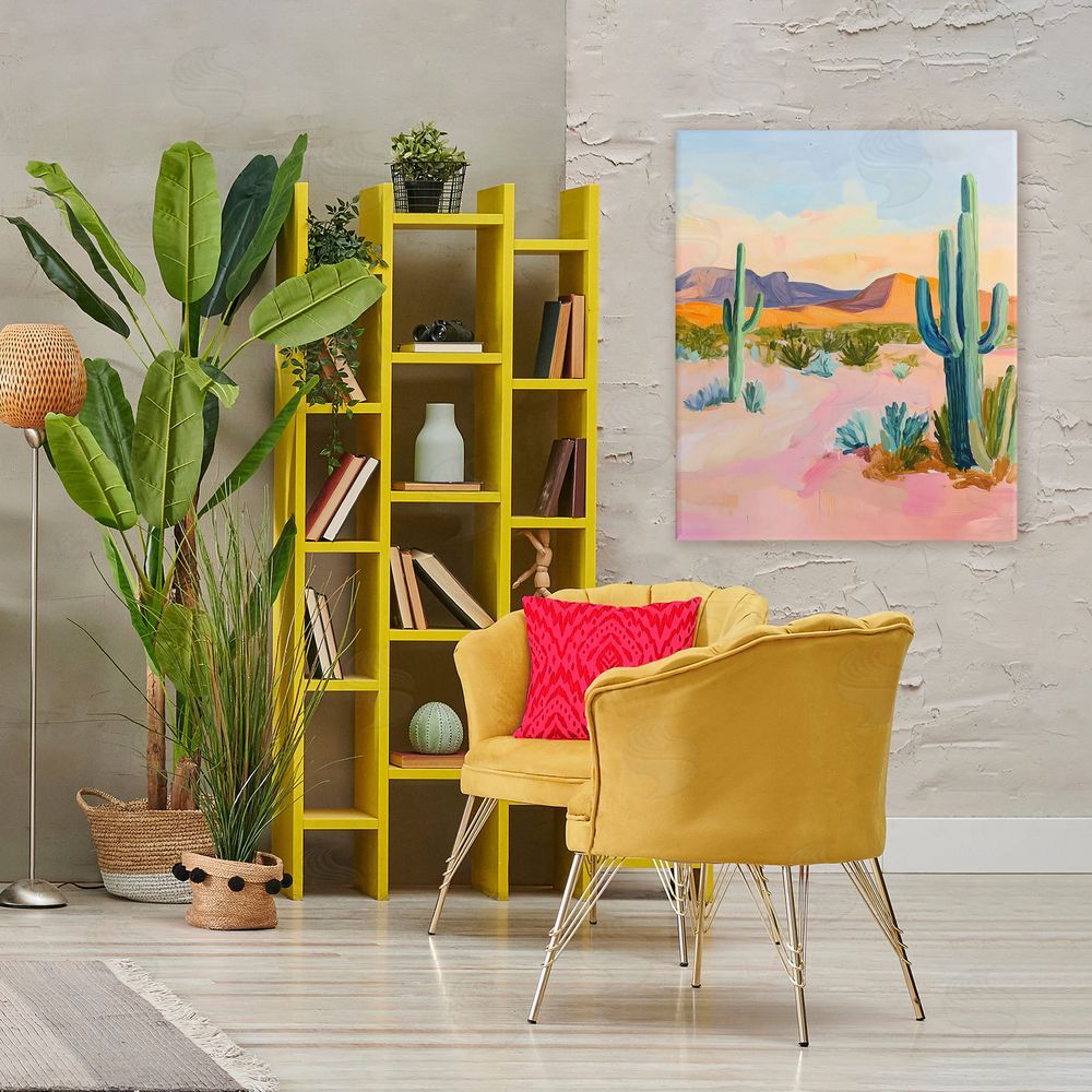 The Prints Vibe Cactus Desert with Soft Sunset Stretched Canvas Wall Art Print in Room