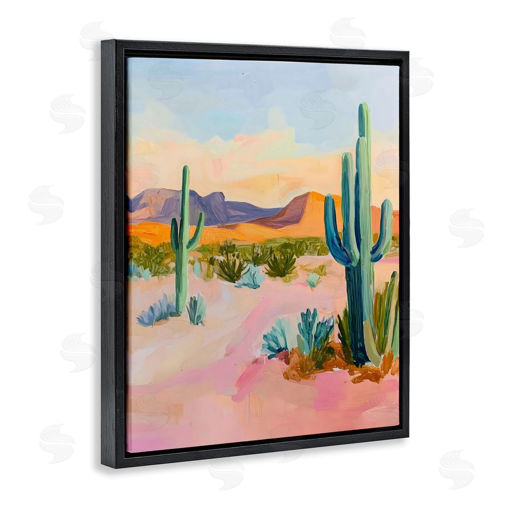 The Prints Vibe Cactus Desert with Soft Sunset Black Floating Frame Stretched Canvas Wall Art Print