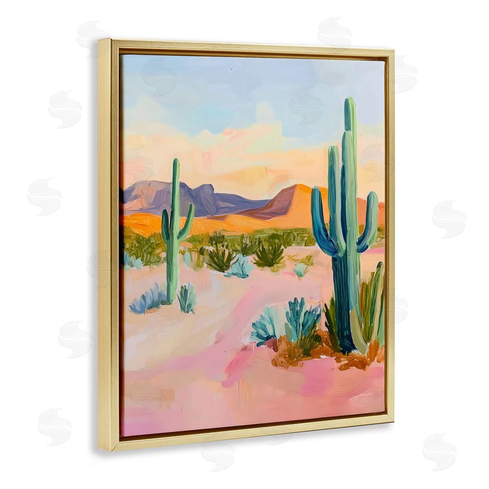 The Prints Vibe Cactus Desert with Soft Sunset Gold Floating Frame Stretched Canvas Wall Art Print