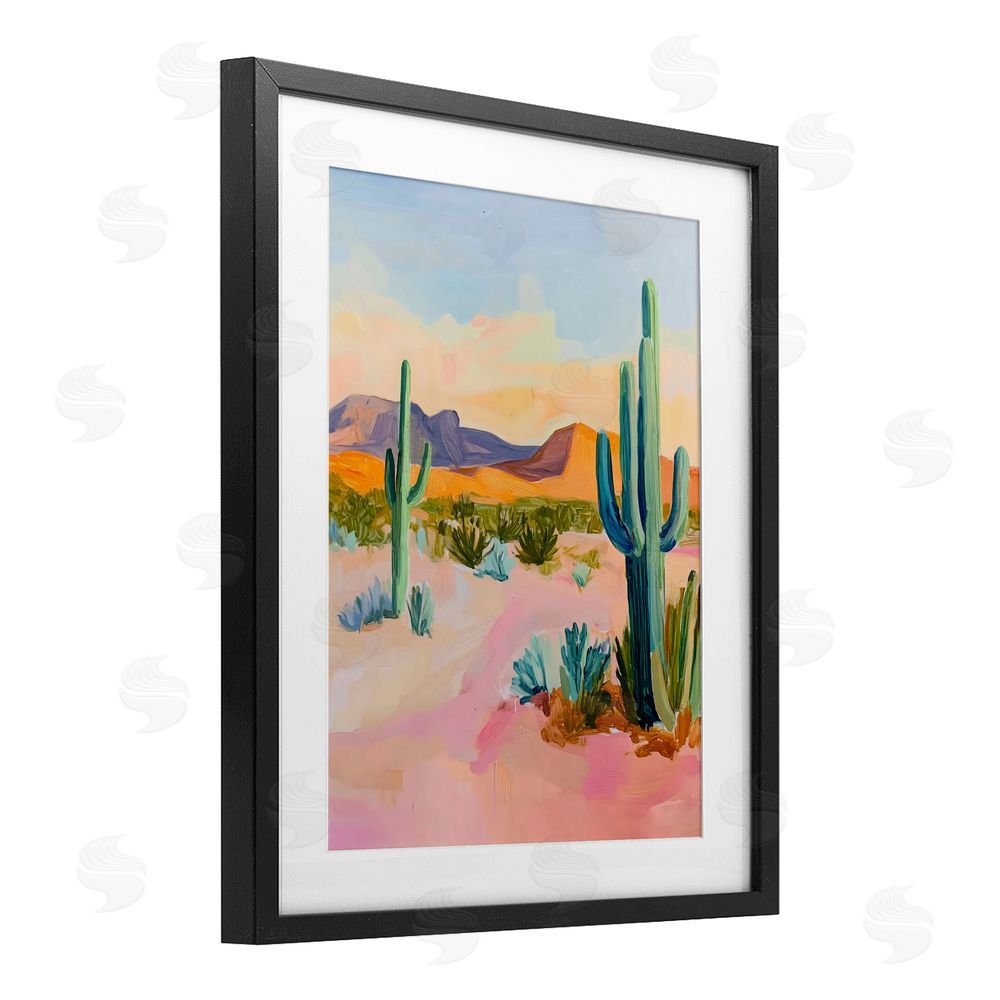 The Prints Vibe Cactus Desert with Soft Sunset Black Framed Print Under Glass with Matting Wall Art