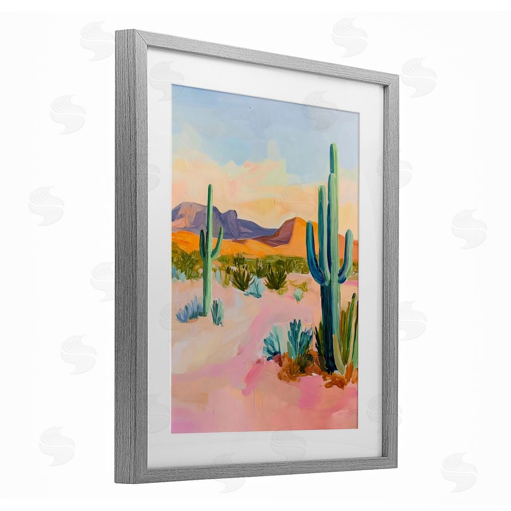 The Prints Vibe Cactus Desert with Soft Sunset Gray Framed Print Under Glass with Matting Wall Art