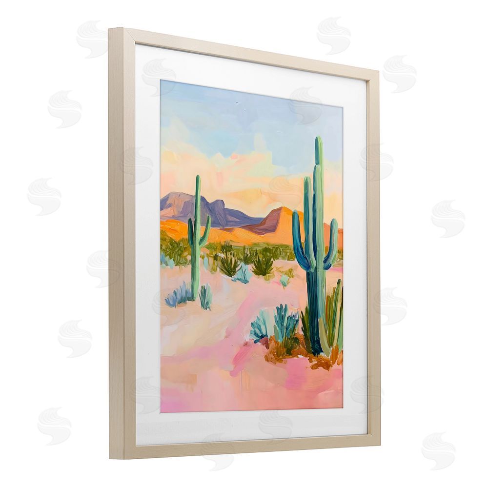 The Prints Vibe Cactus Desert with Soft Sunset Brown Framed Print Under Glass with Matting Wall Art