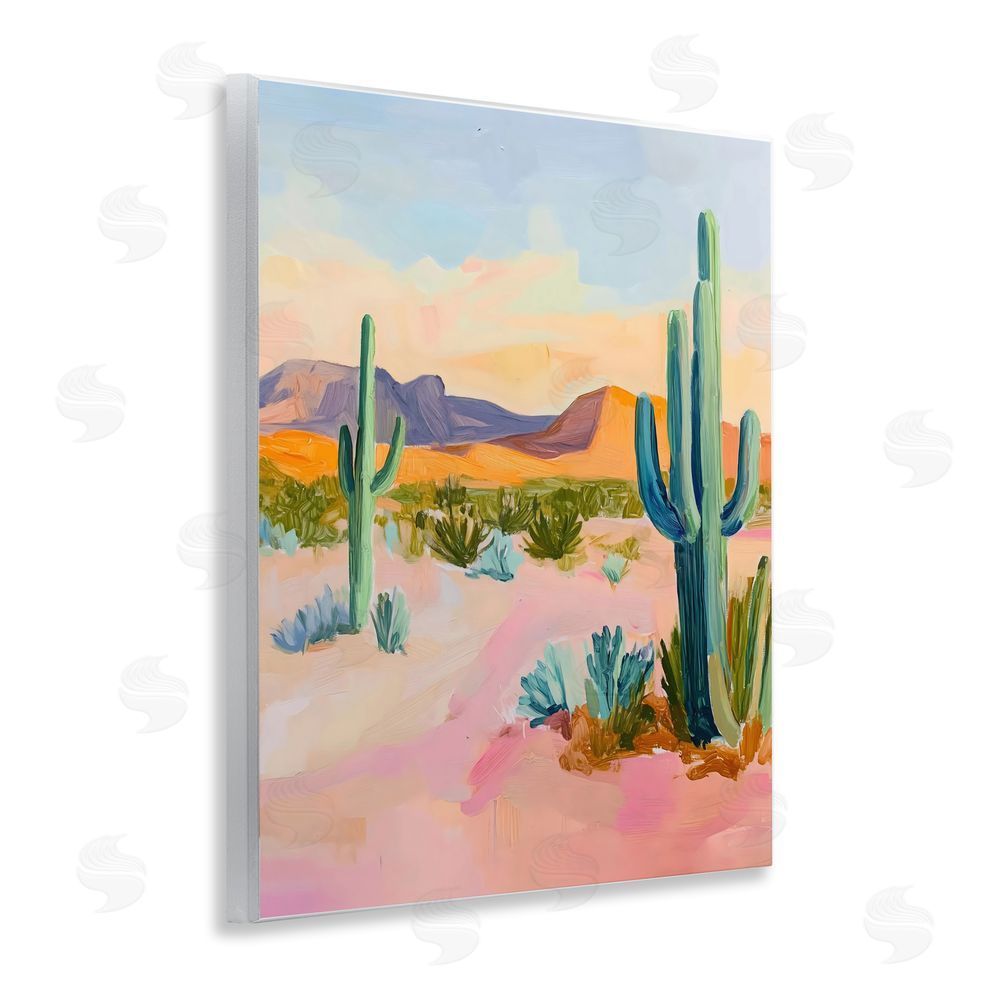 The Prints Vibe Cactus Desert with Soft Sunset Wall Plaque Art Print with White Foil Wrap