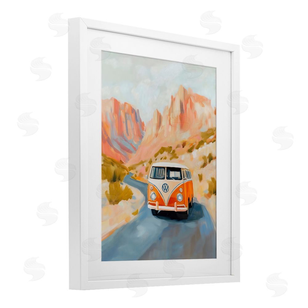 The Prints Vibe Van Life Desert Canyon White Framed Print Under Glass with White Mat Wall Art