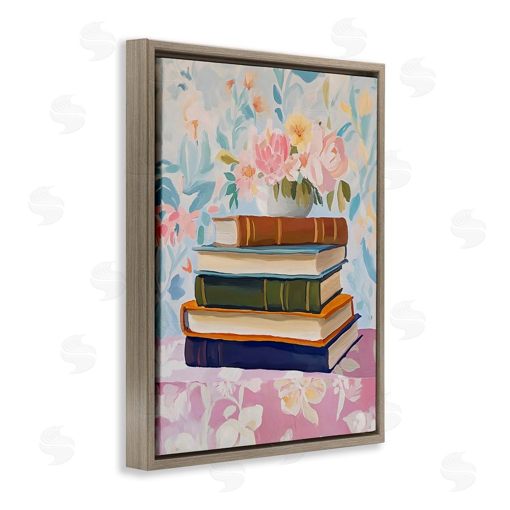 The Prints Vibe Vintage Books & Florals Brown Floating Framed Canvas Wall Art Print