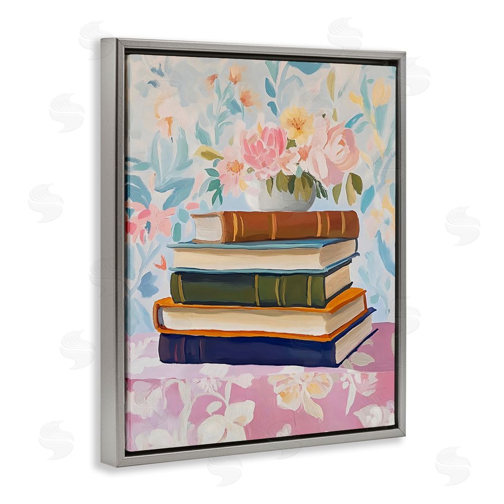 The Prints Vibe Vintage Books & Florals Gray Floating Framed Canvas Wall Art Print