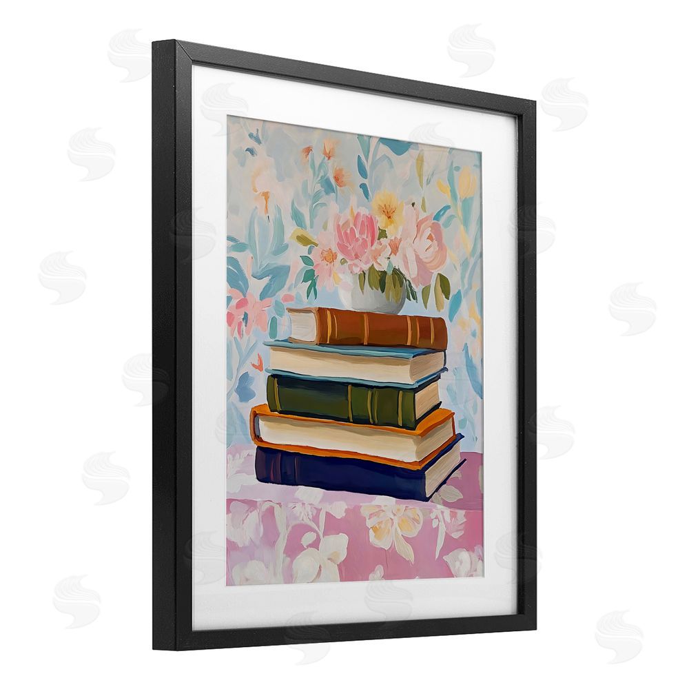 The Prints Vibe Vintage Books & Florals Black Framed Print Under Glass with White Mat Wall Art