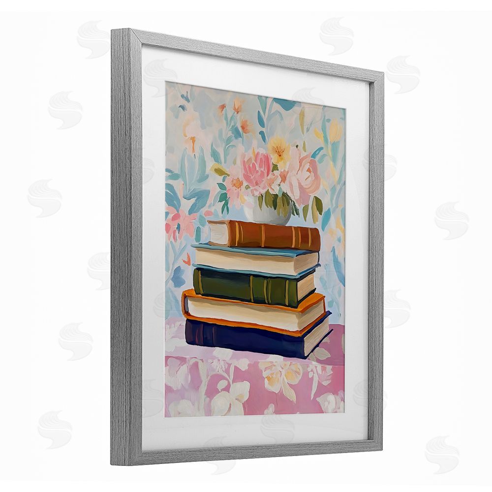 The Prints Vibe Vintage Books & Florals Gray Framed Print Under Glass with White Mat Wall Art