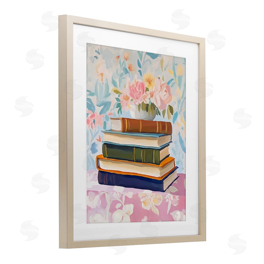 The Prints Vibe Vintage Books & Florals Brown Framed Print Under Glass with White Mat Wall Art